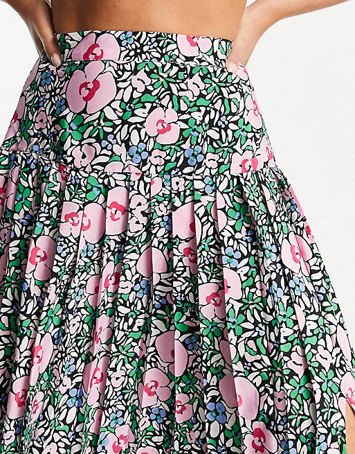 Skirts Neon Rose midi pleated skirt with front split in bright floral 