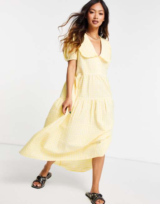 Neon Rose midi smock dress with oversized collar and tiered skirt in gingham ASOS