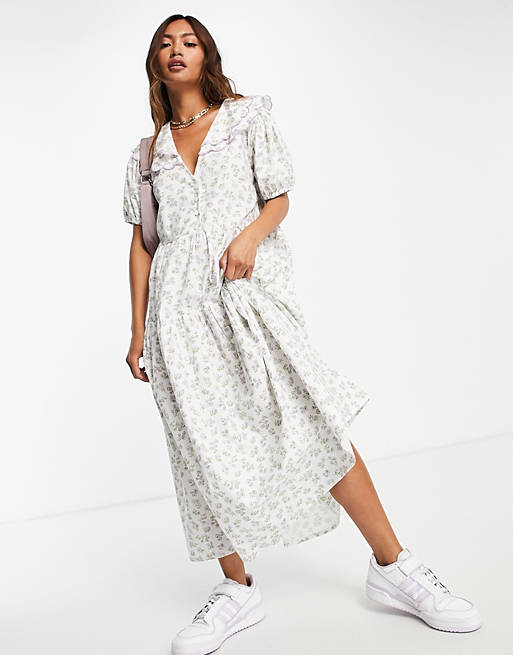 Neon Rose midi smock dress with puff sleeves and vintage embroidered collar in ditsy floral