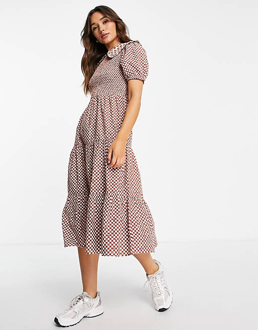  Neon Rose midi smock dress with shirring and collar detail in gingham 