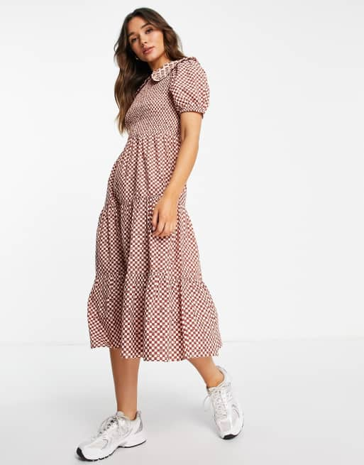 Neon Rose midi smock dress with shirring and collar detail in gingham ...