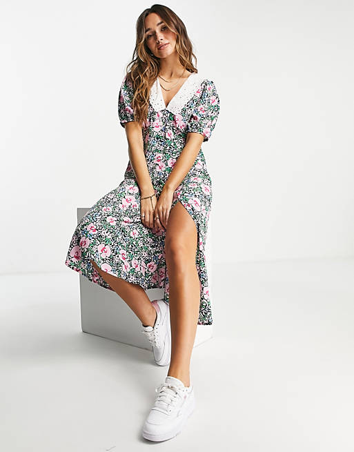 Neon Rose midi tea dress with front split and vintage collar in bright floral