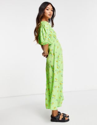 Neon Rose Midi Tea Dress With Puff Sleeves And Split Front In Bright Floral green ModeSens