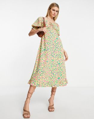 Neon Rose milkmaid midi tea dress with tie bust in bright ditsy floral