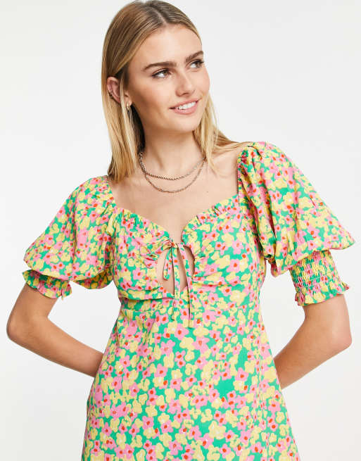 Neon Rose milkmaid midi tea dress with tie bust in bright ditsy floral