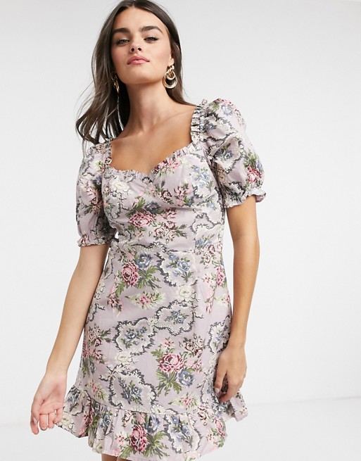 Neon Rose milkmaid mini dress with puff sleeves in vintage floral print