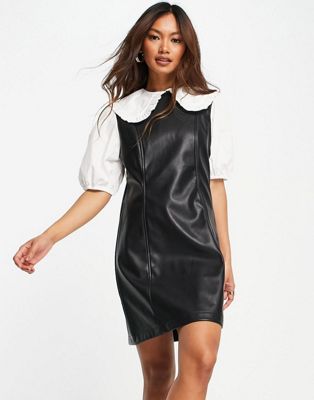 Neon Rose mini retro pinafore dress in pu with blouse underlay-Black