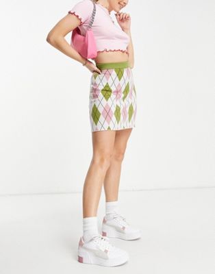 Neon Rose mini skirt in argyle knit co-ord