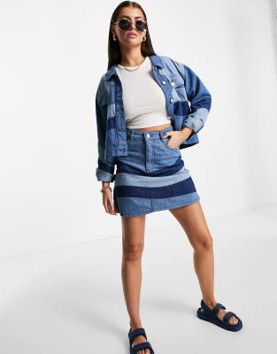 Neon Rose Mini Skirt In Wavy Denim Co-Ord-Blue