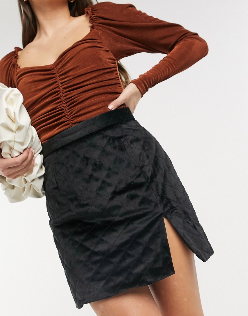 Neon Rose mini skirt with slit front in quilted velvet-Black