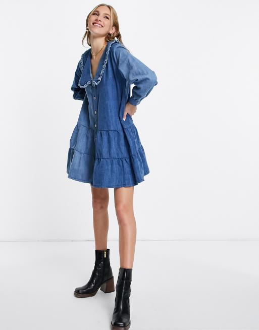 Neon Rose mini smock dress in mixed denim