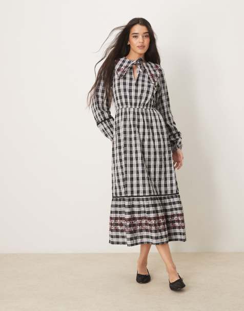 Neon Rose mutton sleeve smock midaxi dress in grey gingham
