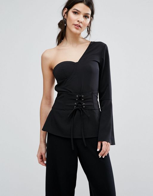 Neon Rose One Shoulder Top With Fluted Sleeve And Corset Detail | ASOS