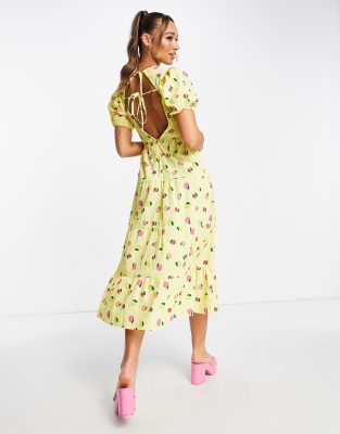 neon rose open back midi tiered smock dress in lemon fruit print