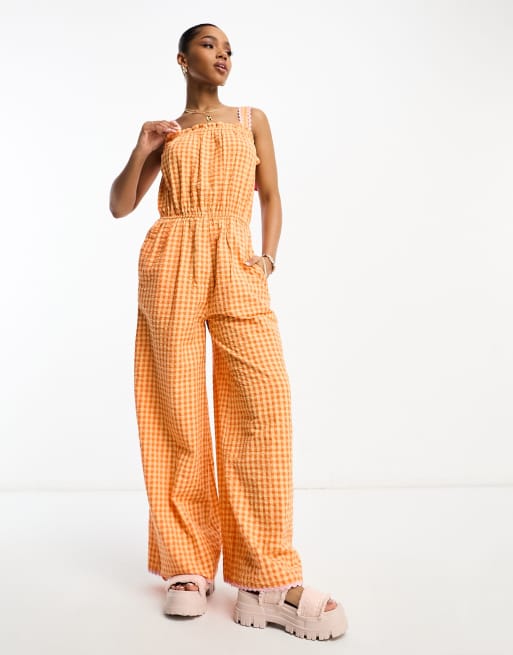 Neon Rose Orange ginghamrutig jumpsuit med rosett ASOS