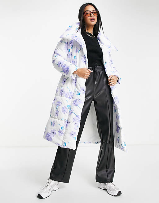 Neon Rose oversized belted padded jacket in floral print
