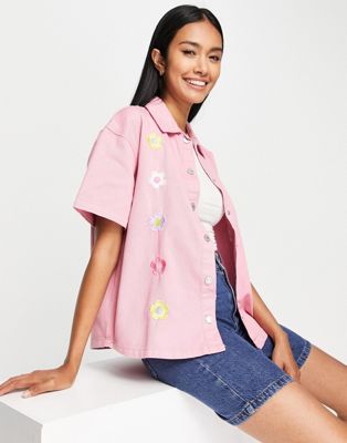 Neon Rose oversized boxy denim shirt with floral embroidery