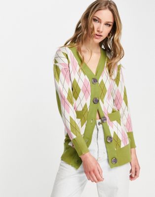 Neon Rose oversized cardigan in argyle knit co-ord