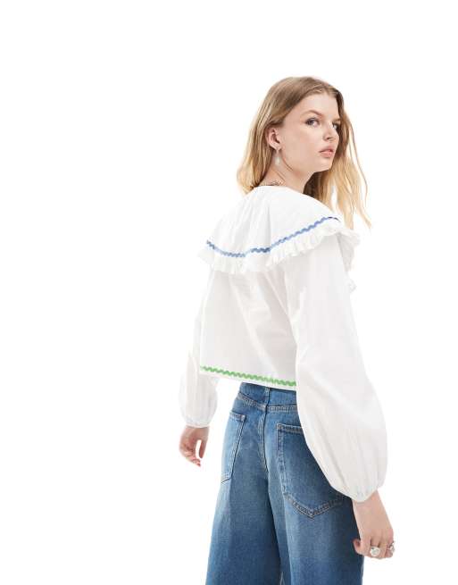 Neon Rose oversized collar cherry detail blouse in white, 4 of 4