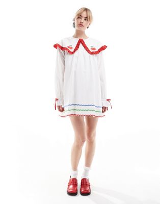Neon Rose Oversized Collar Embroidered Mini Smock Dress In White