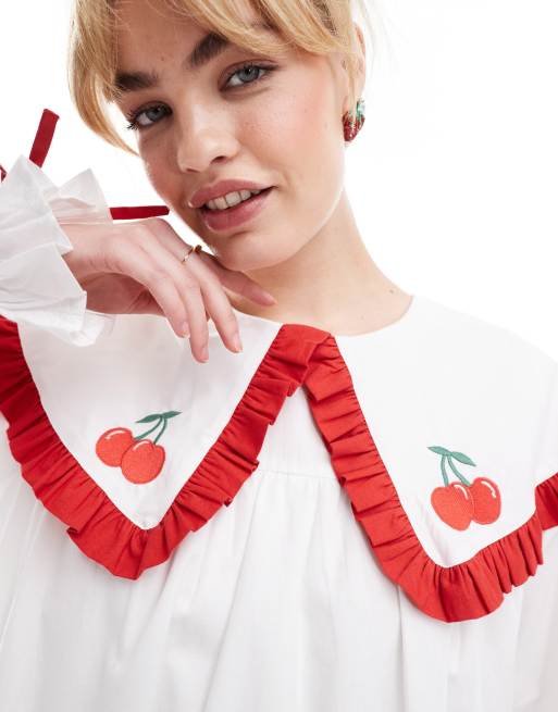Neon Rose oversized collar embroidered mini smock dress in white | ASOS