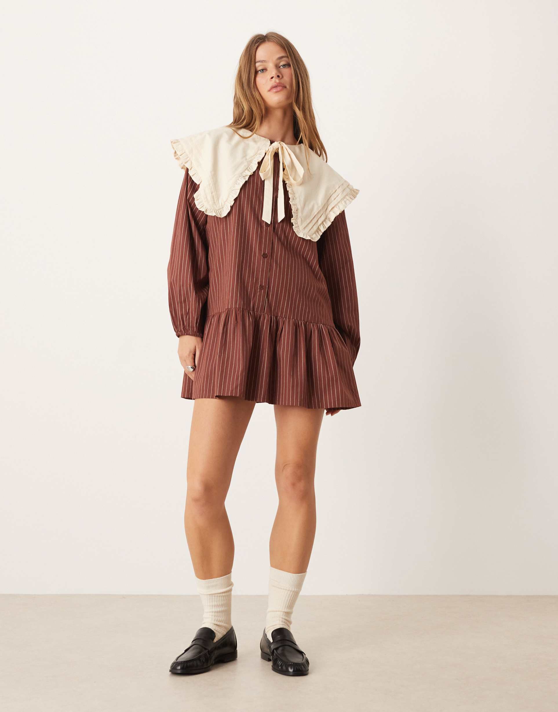 neon rose oversized collar pinstripe mini smock dress in brown and buttercream