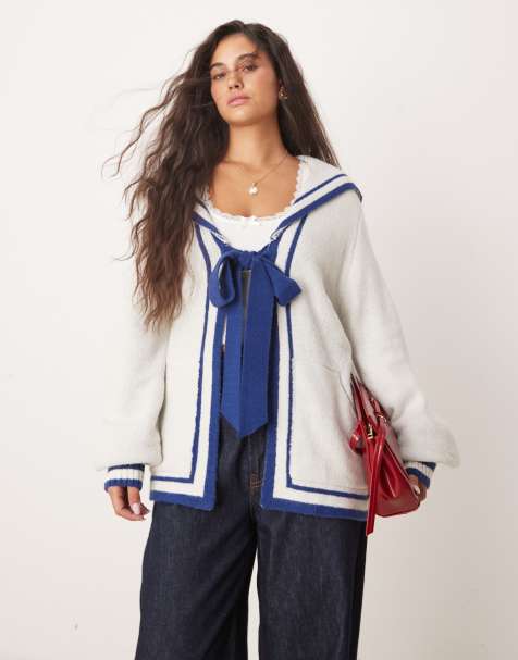Neon Rose oversized collar sailor cardigan in cream and navy - view 1