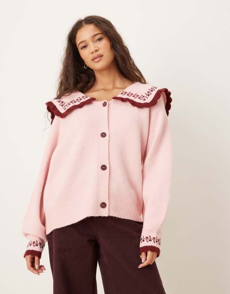 Neon Rose oversized collared cardigan in pink with burgundy frill - view 1