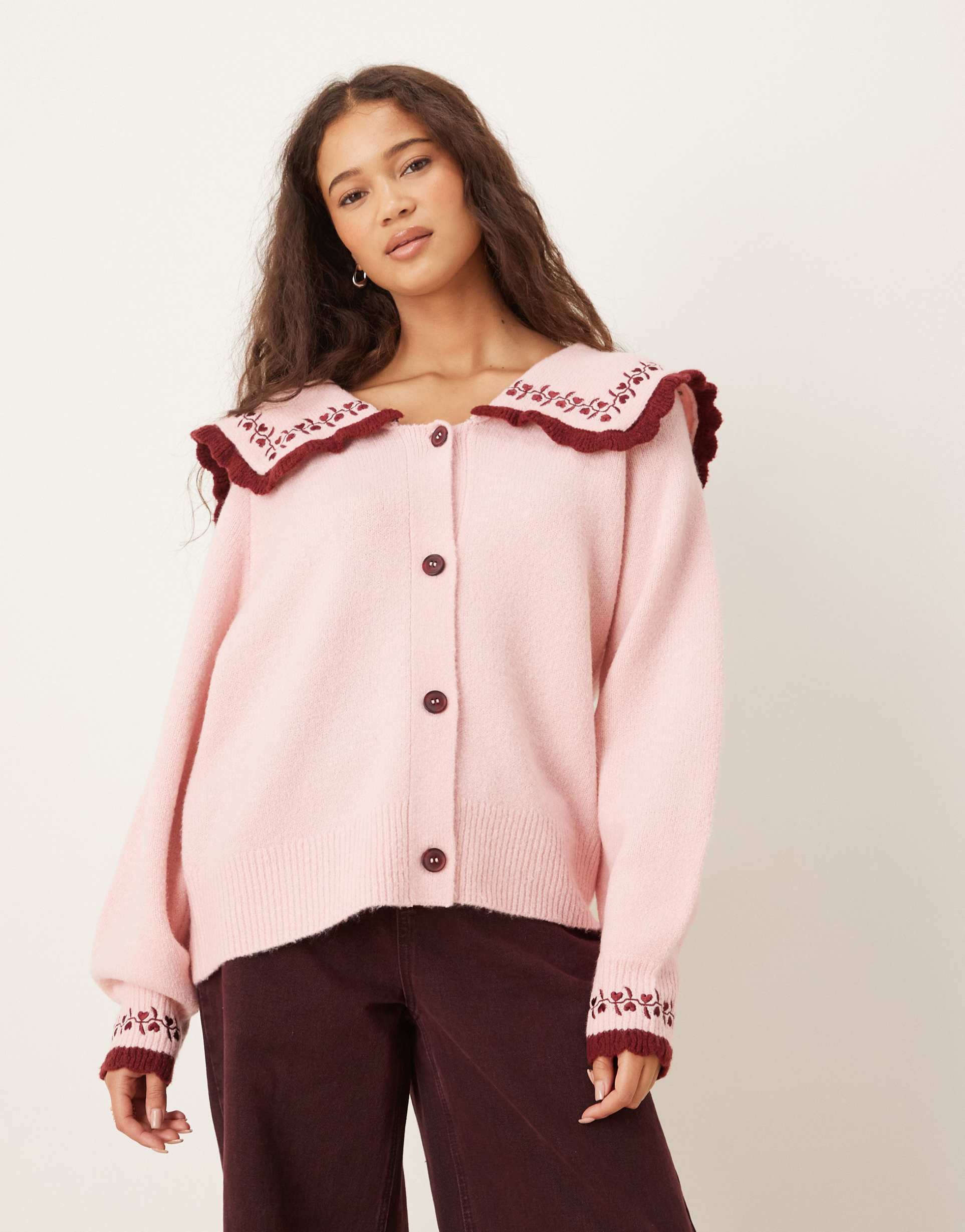 neon rose oversized collared cardigan in pink with burgundy frill