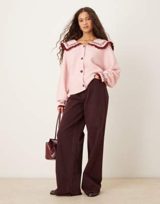 Neon Rose Oversized Collared Cardigan In Pink