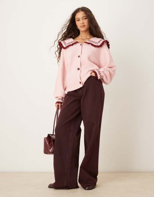 Neon Rose oversized collared cardigan in pink with burgundy frill