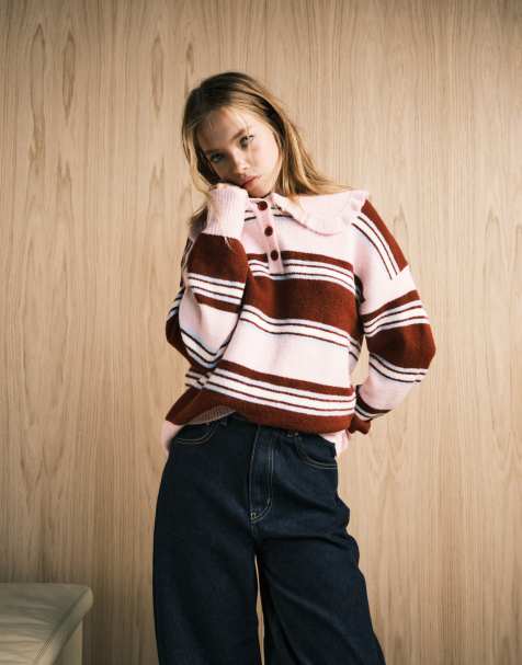 Neon Rose oversized collared striped polo in burgundy pink - view 1