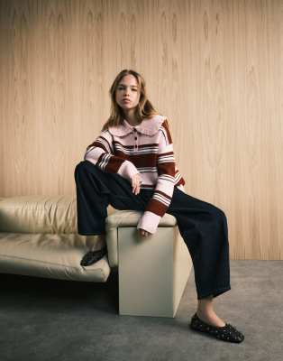 Neon Rose Oversized Collared Striped Polo In Red