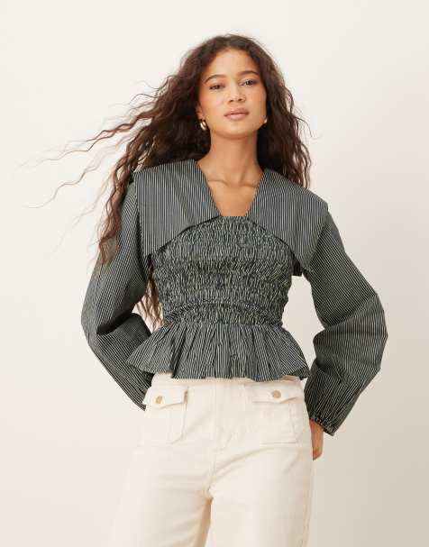 Neon Rose oversized collared striped shirred long sleeve top in navy butter yellow stripe - view 1