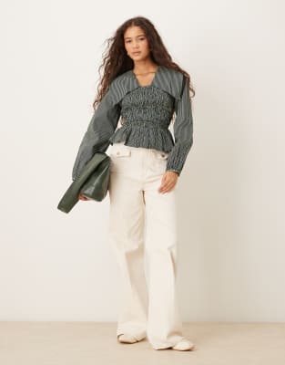 Neon Rose Oversized Collared Striped Shirred Long Sleeve Top In Green