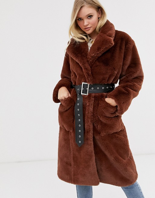 Neon Rose oversized faux fur coat with belt