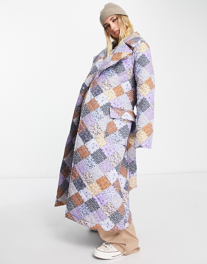 Neon Rose oversized longline wrap coat in quilted patchwork paisley cotton-Multi