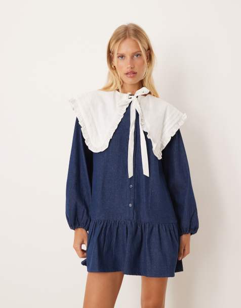 Neon Rose oversized removable collar denim mini smock dress in indigo - view 1