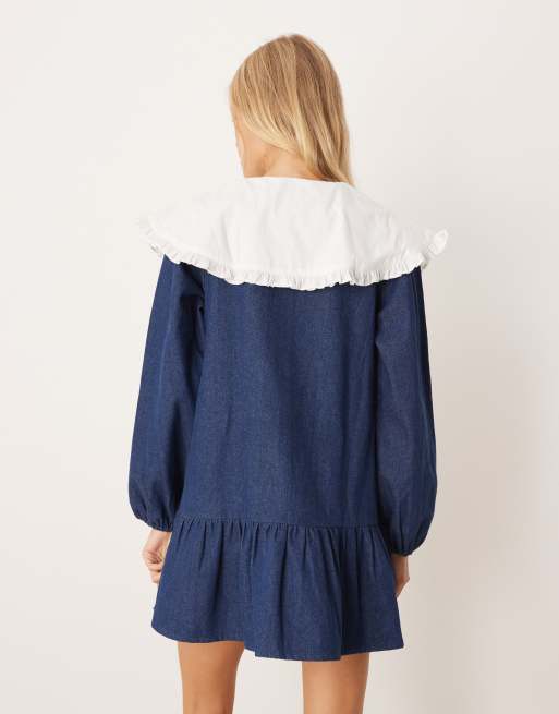 Neon Rose oversized removable collar denim mini smock dress in indigo, 3 of 4