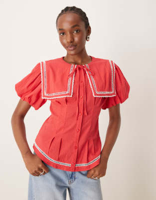 oversized sailor collar fitted blouse in red