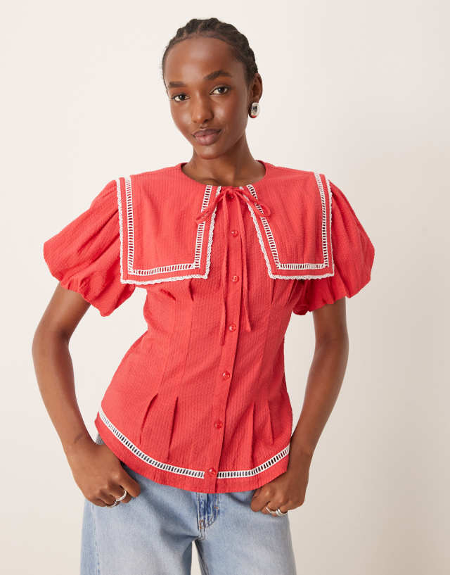 トップス muguet: rose sailor peplum blouse (PINK) muguet rose