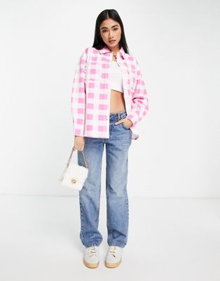 Neon Rose oversized shirt with frill edge pockets in check co-ord