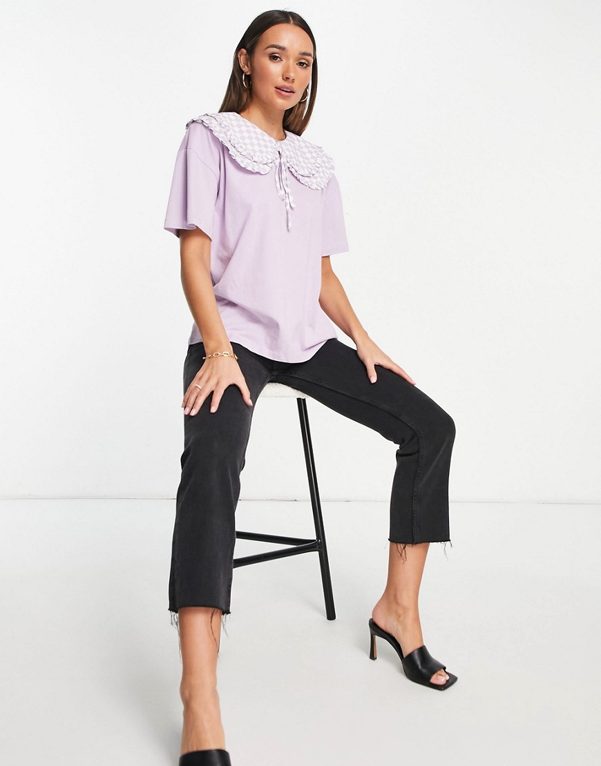 Neon Rose oversized T-shirt with double layer checkerboard collar-Purple