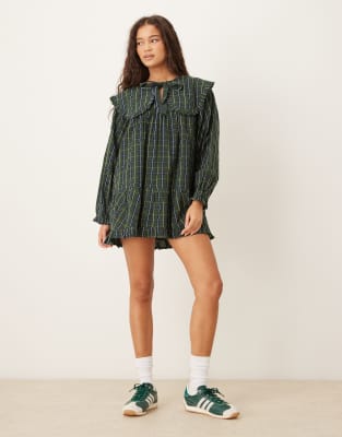 Neon Rose oversized V-neck collared dress in blue tartan check-Green