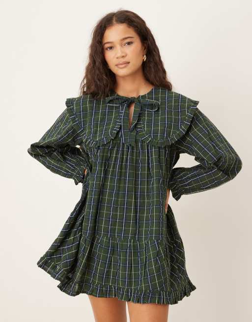 Neon Rose oversized V-neck collared dress in blue tartan check