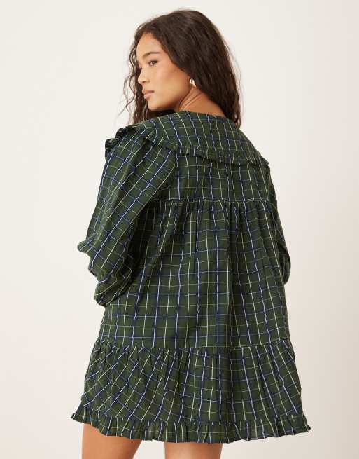 Neon Rose oversized V-neck collared dress in blue tartan check