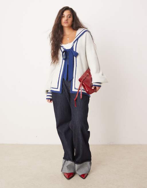 Neon Rose - Oversized vest met zeemanskraag in crème en marineblauw, 2 van 4