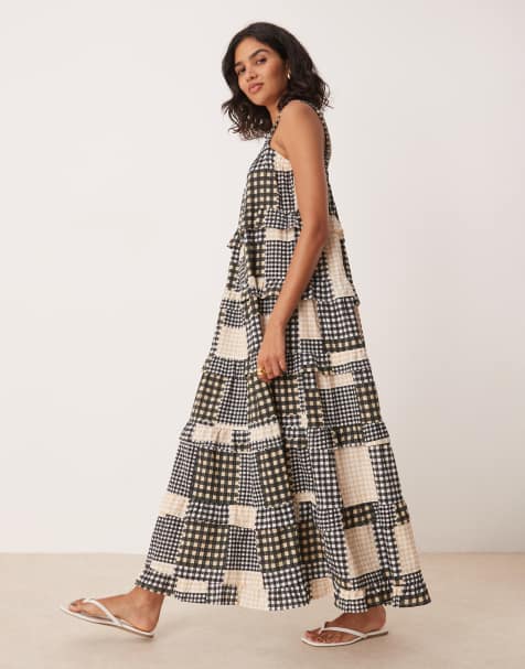Neon Rose patchwork gingham smock trapeze dress in multi - view 1