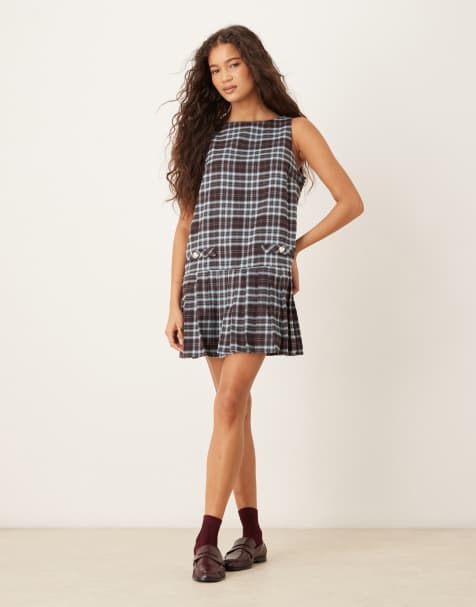 Neon Rose pinafore dress in blue tartan check - view 1