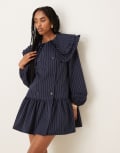 [Neon Rose] Neon Rose pinstripe double collar mini smock dress in navy XS NAVY